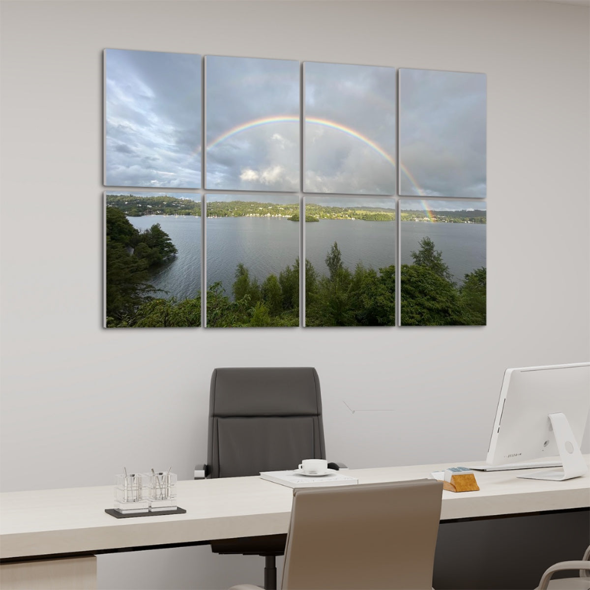 8 Decorative Sound Absorbing Panels Featuring Scenic Rainbow Lake View. mounted above desk with rainbow over lake and trees
