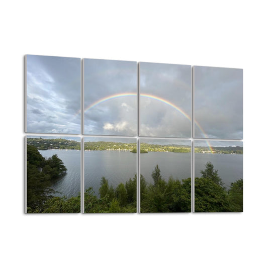 8 Decorative Sound Absorbing Panels Featuring Scenic Rainbow Lake View. Canvas wall art showing rainbow over lake and trees