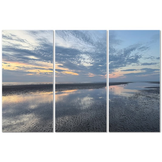 Made in UK Triptych Canvas featuring Clouds Reflection in Blackpool at Sunset. Coastal wall art