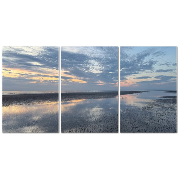 Made in UK Triptych Canvas featuring Clouds Reflection in Blackpool at Sunset. Papis Canvas seascape triptych wall art