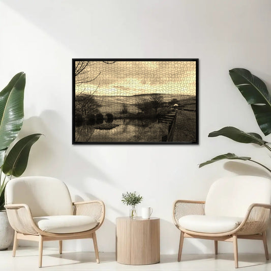 Sepia 1000-piece wooden jigsaw puzzle of a British landscape. Warm, vintage tones on durable oak wood. 29.5" x 19.7".