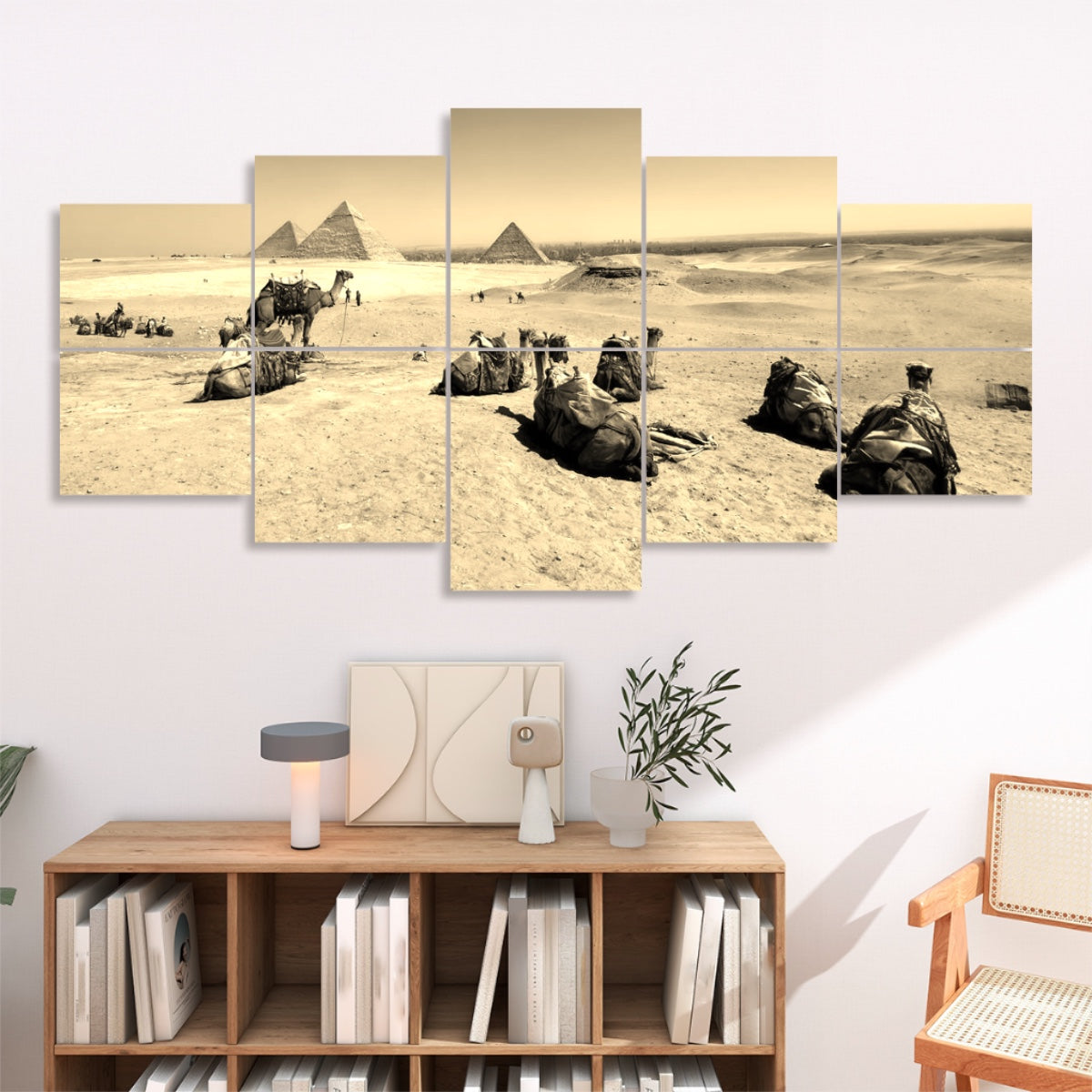 Sepia-toned desert scene with camels and ancient pyramids, split across 10 acoustic panels with warm, vintage ambiance.