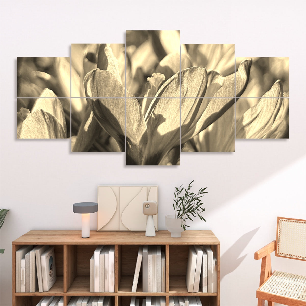 Sepia-toned image of purple crocuses with a warm, nostalgic finish, split across 10 floral sound absorbing panels.