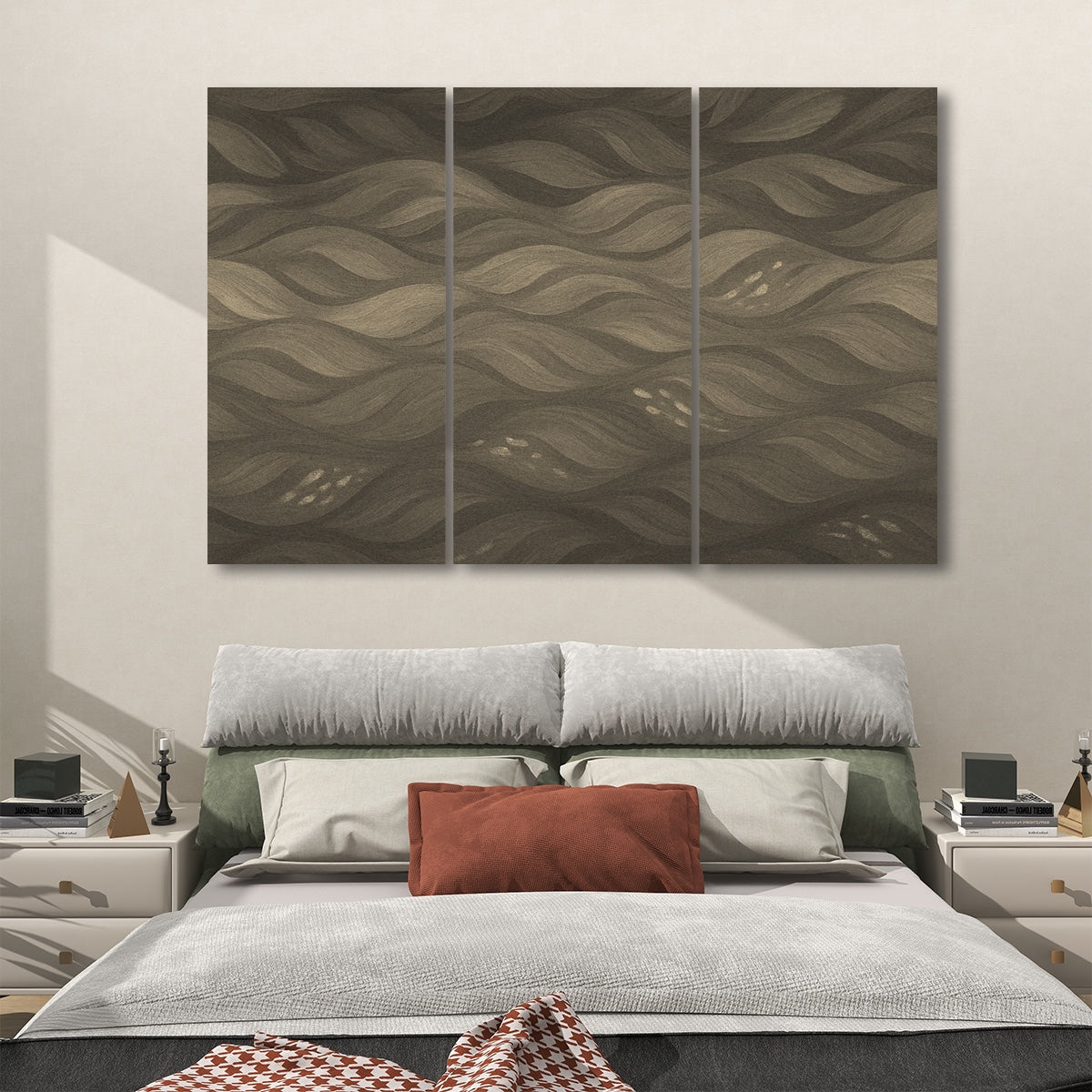 Sepia version of Gilded Amethyst Currents in soft vintage tones across three panels, paired with neutral decor.