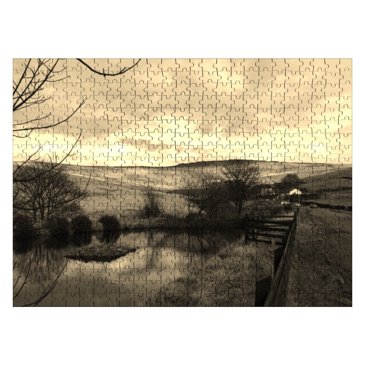 Sepia-toned countryside puzzle with warm vintage coloring of fields and water reflections.