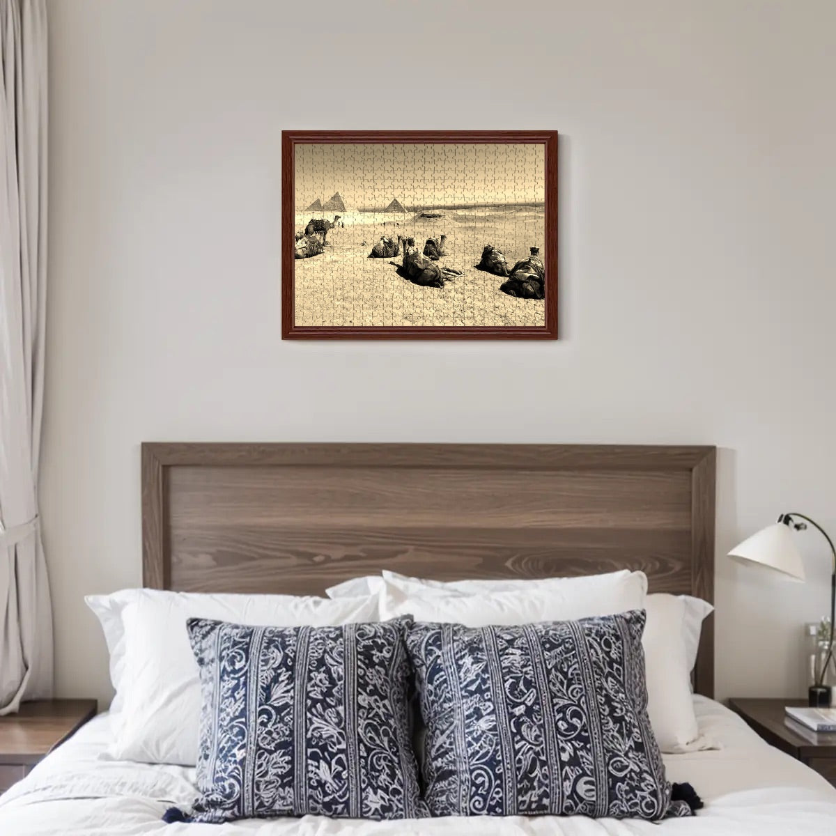 Sepia-toned puzzle showing camels resting on Giza Plateau with pyramids and Giza skyline, 500-piece basswood