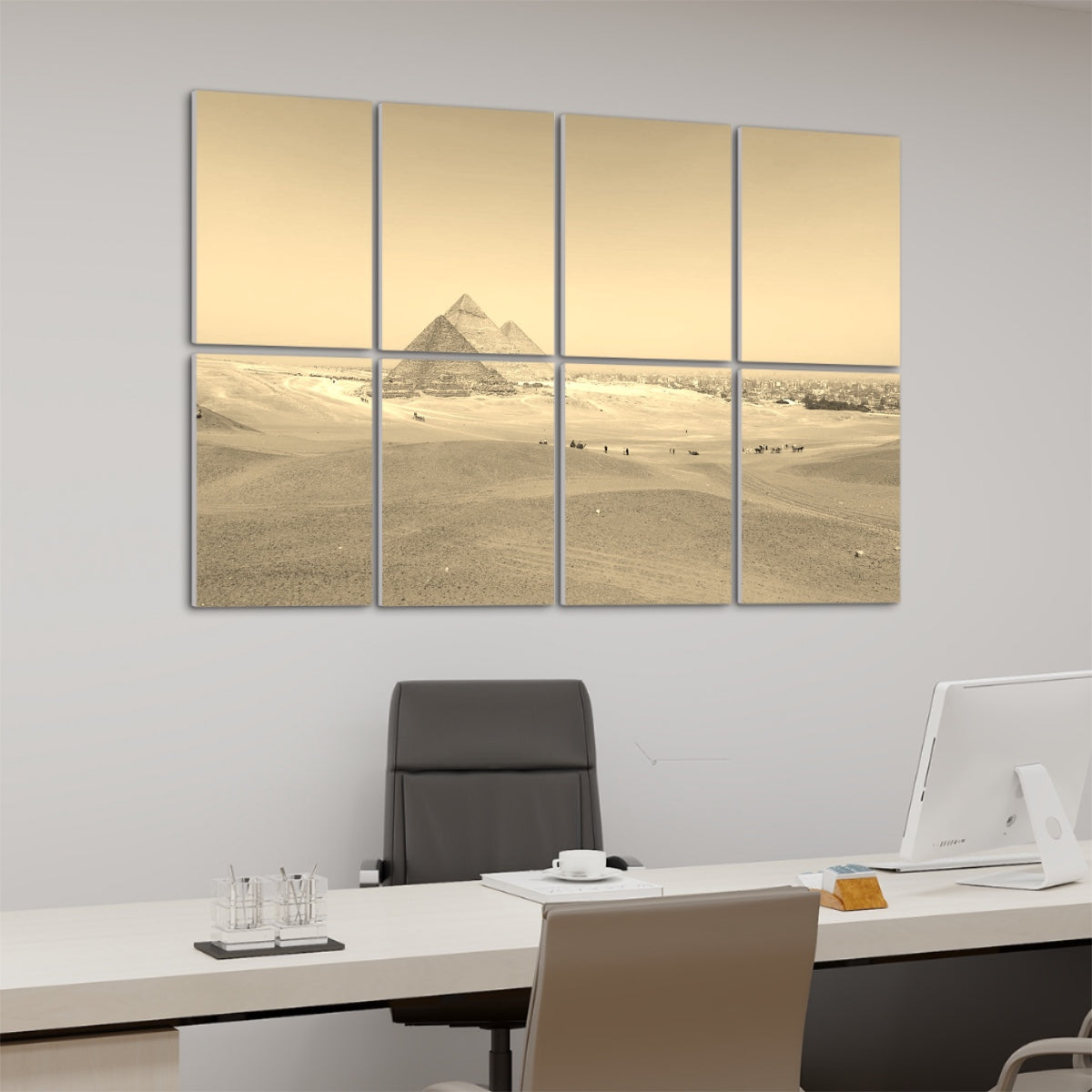 Left-angle view of sepia-toned Distant Pyramids acoustic wall art with vintage warmth and textured desert tones.