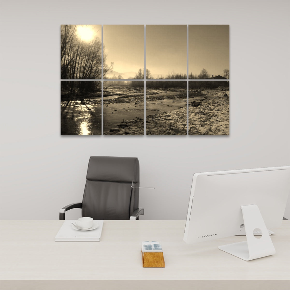 Front view of sepia-toned Winter Stream 8-panel wall art with warm vintage hues and snowy natural textures.