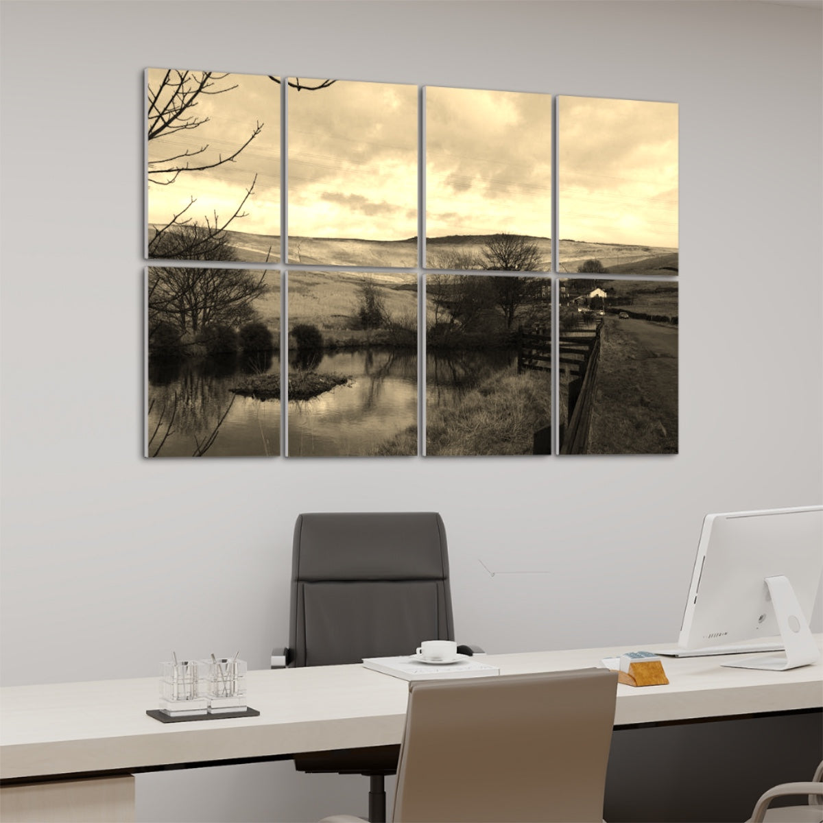 Left-angle view of sepia 8-panel acoustic wall art showing a British hillside and pond in warm vintage tones.