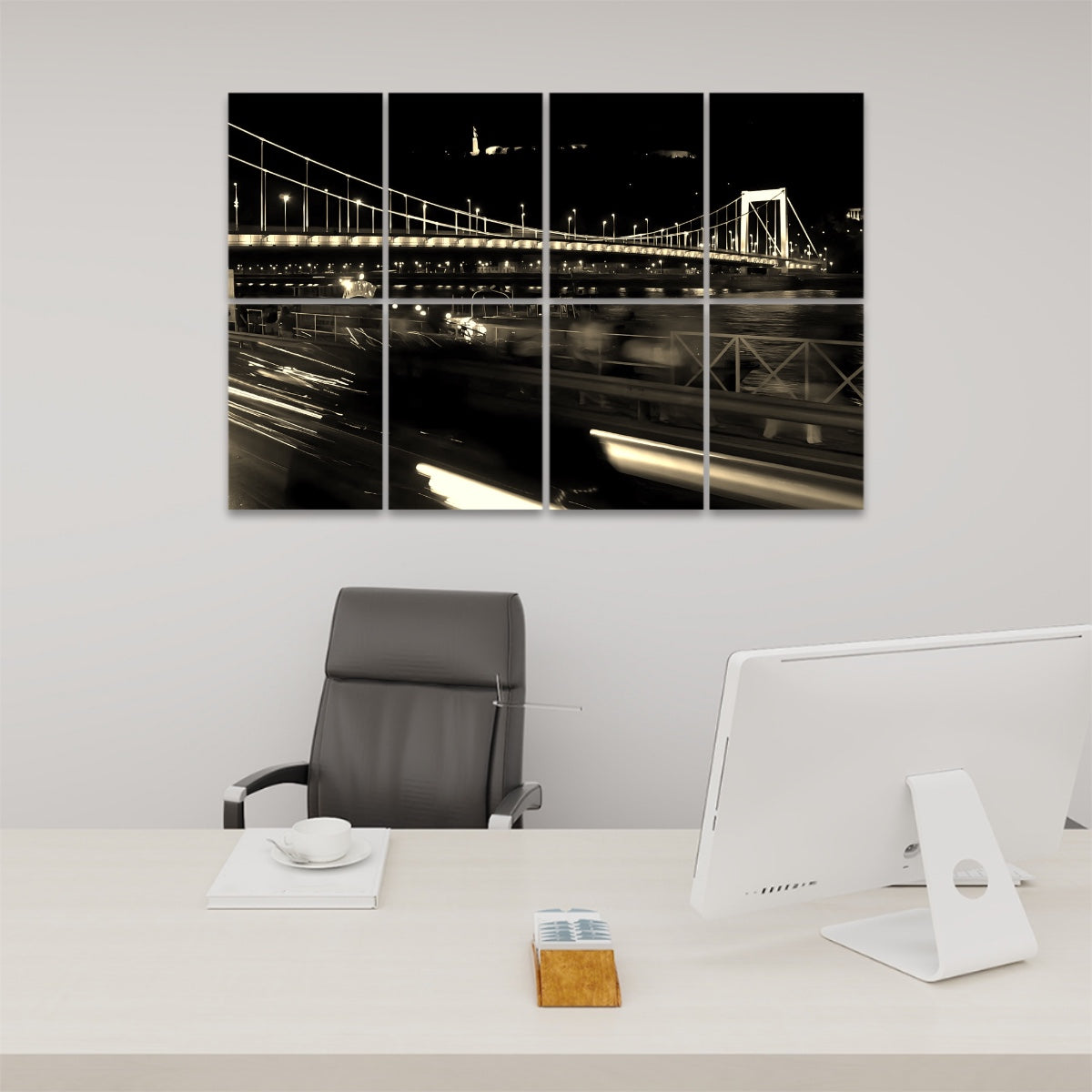 Front view of sepia Budapest Bridge 8-panel wall art featuring vintage tones and warm nighttime ambiance over a historic bridge scene.