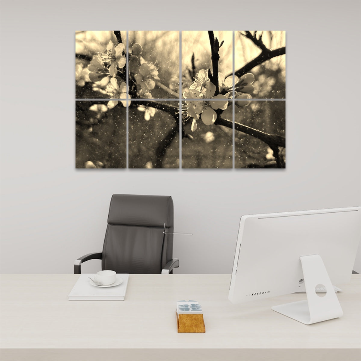 Sepia-toned floral wall art showing blossoming branches and suspended raindrops, across 8 sound-absorbing decorative panels with vintage warmth.