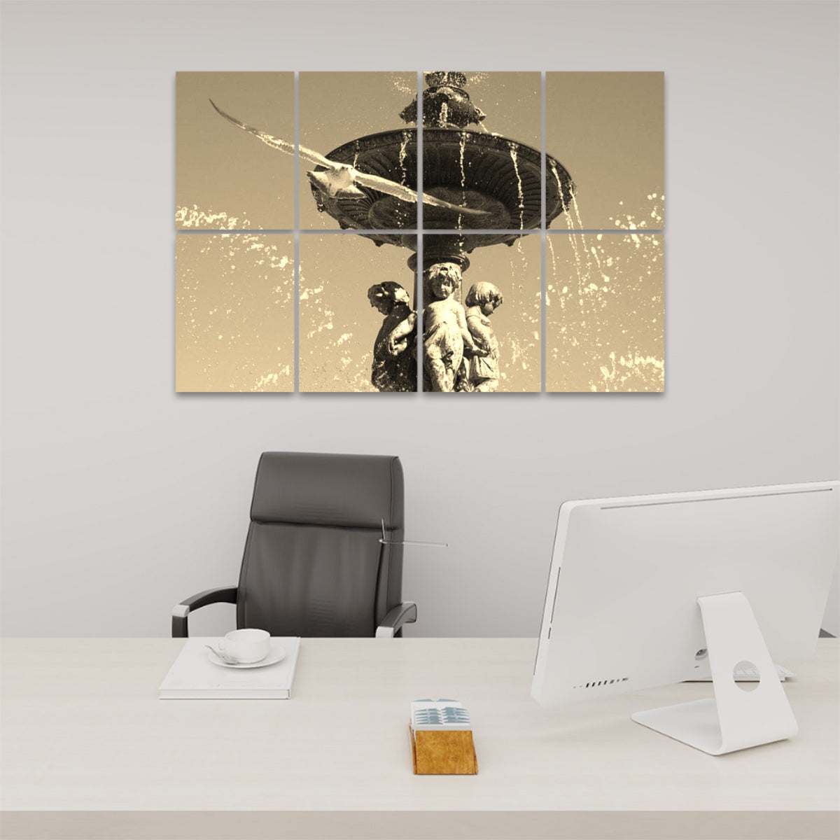 Sepia-toned wall panels featuring a mid-flight seagull and Lisbon fountain sculpture with warm vintage tones and classic architectural detail.