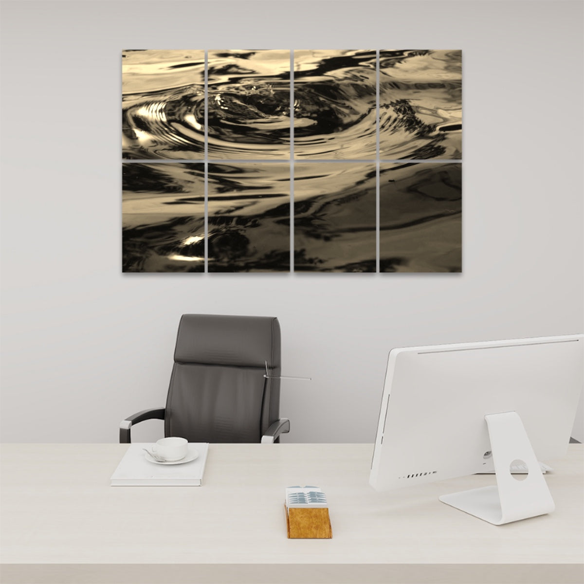Sepia-toned version of the abstract water ripple design printed on 8 decorative sound panels with a nostalgic, golden atmosphere.