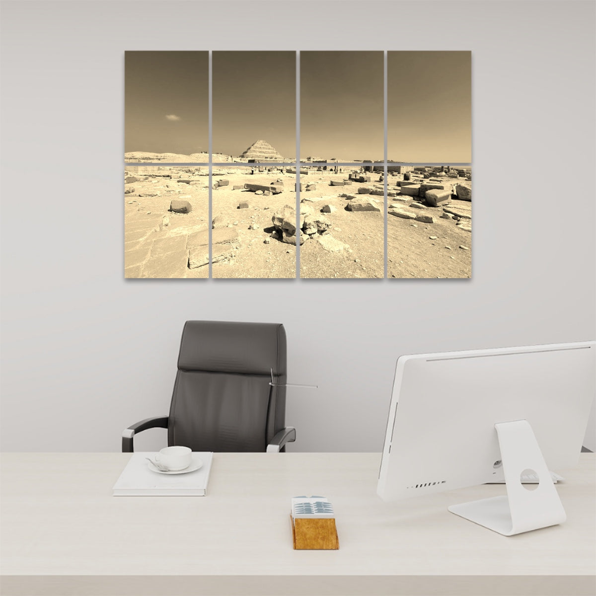 Sepia-toned wall art of the Step Pyramid of Djoser and ancient ruins, printed across 8 sound absorbing panels with vintage warmth.