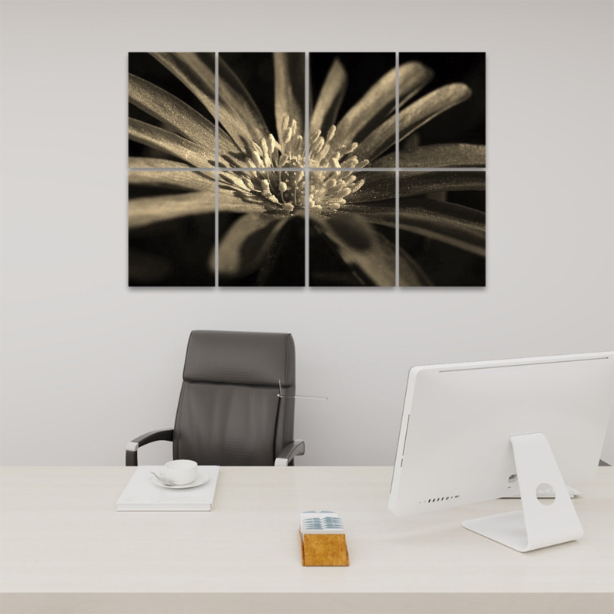 Front view of 8 acoustic wall panels featuring a soft sepia-toned close-up of a purple anemone flower with vintage warmth.