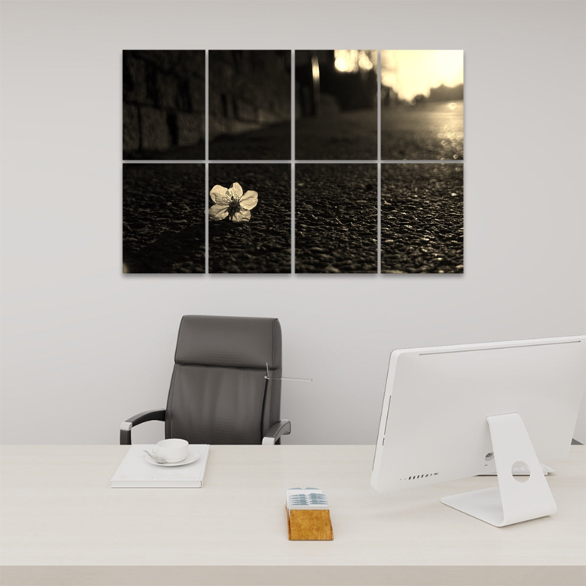 Sepia-toned acoustic panels showing a white blossom on asphalt under soft, warm light, arranged across 8 decorative wall tiles.