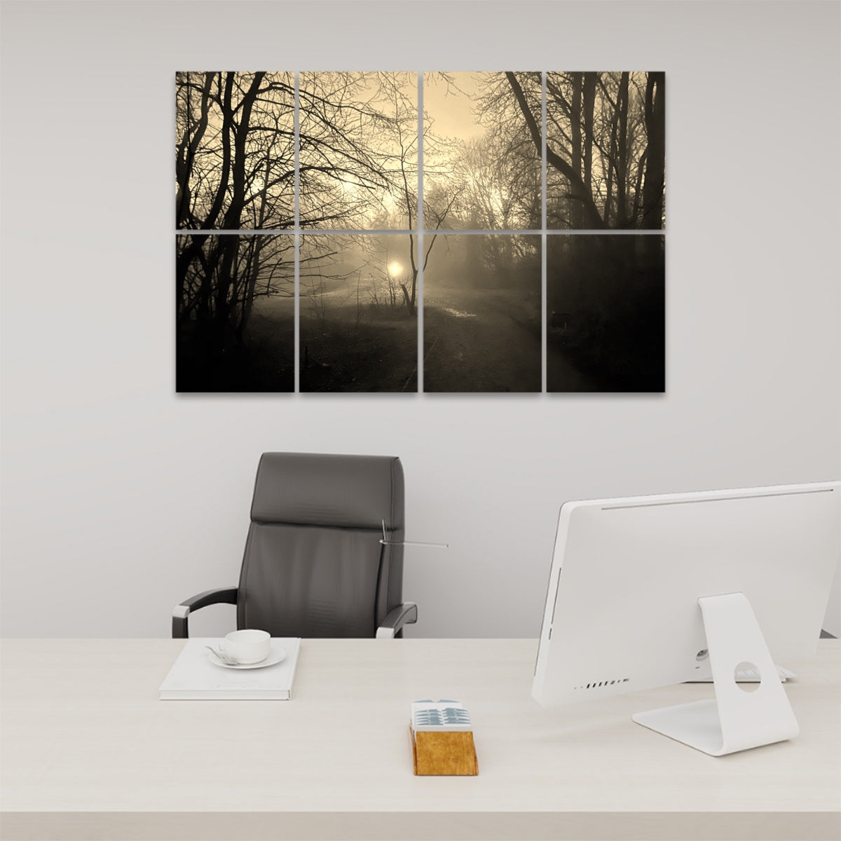 Sepia-toned image of a forest path wrapped in fog, with soft golden light and silhouetted trees printed on 8 acoustic wall panels.