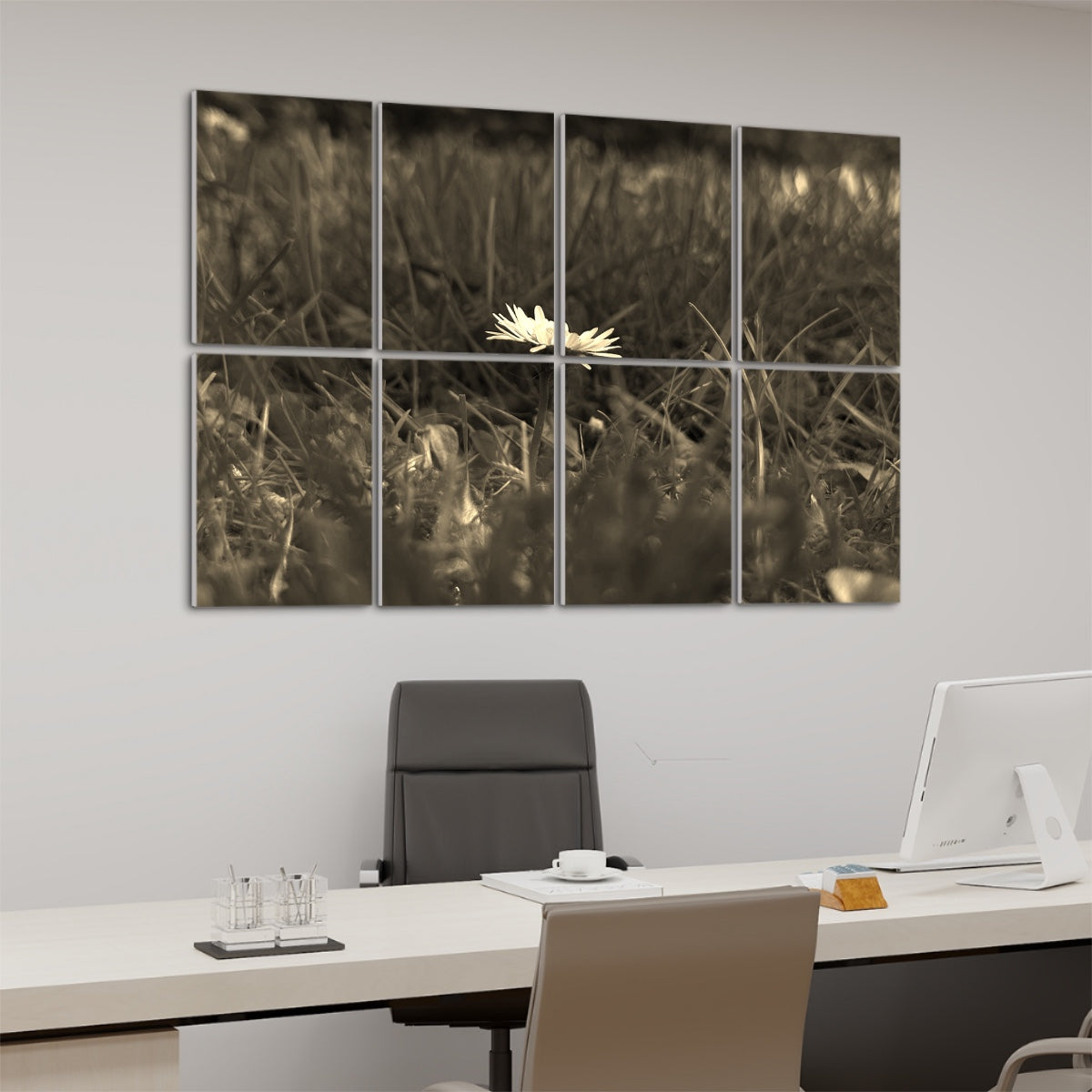 Sepia floral wall panels featuring a daisy in a muted, vintage-toned grass setting, designed for 8 sound absorbing acoustic panels.