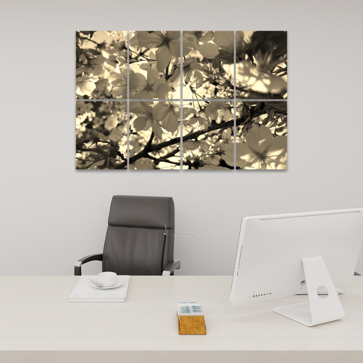 Sepia-toned wall panels featuring spring blossoms and foliage, divided across 8 panels in warm, vintage-style light.
