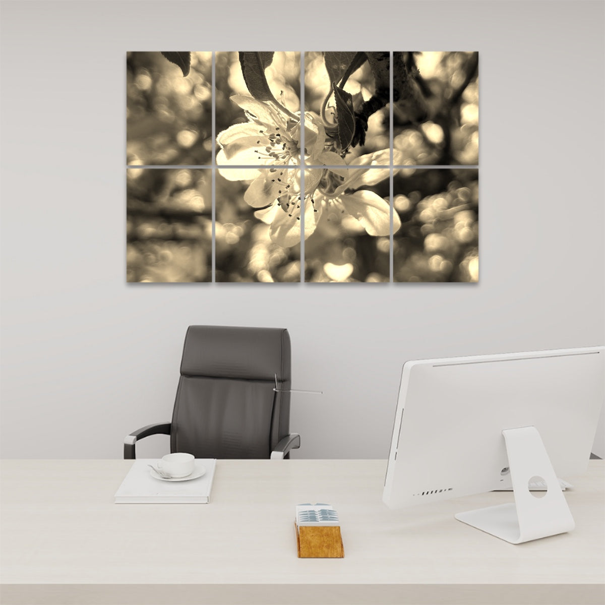 Sepia-tone floral wall art showing a softly lit white blossom in nostalgic warm tones, divided between 8 decorative acoustic panels.