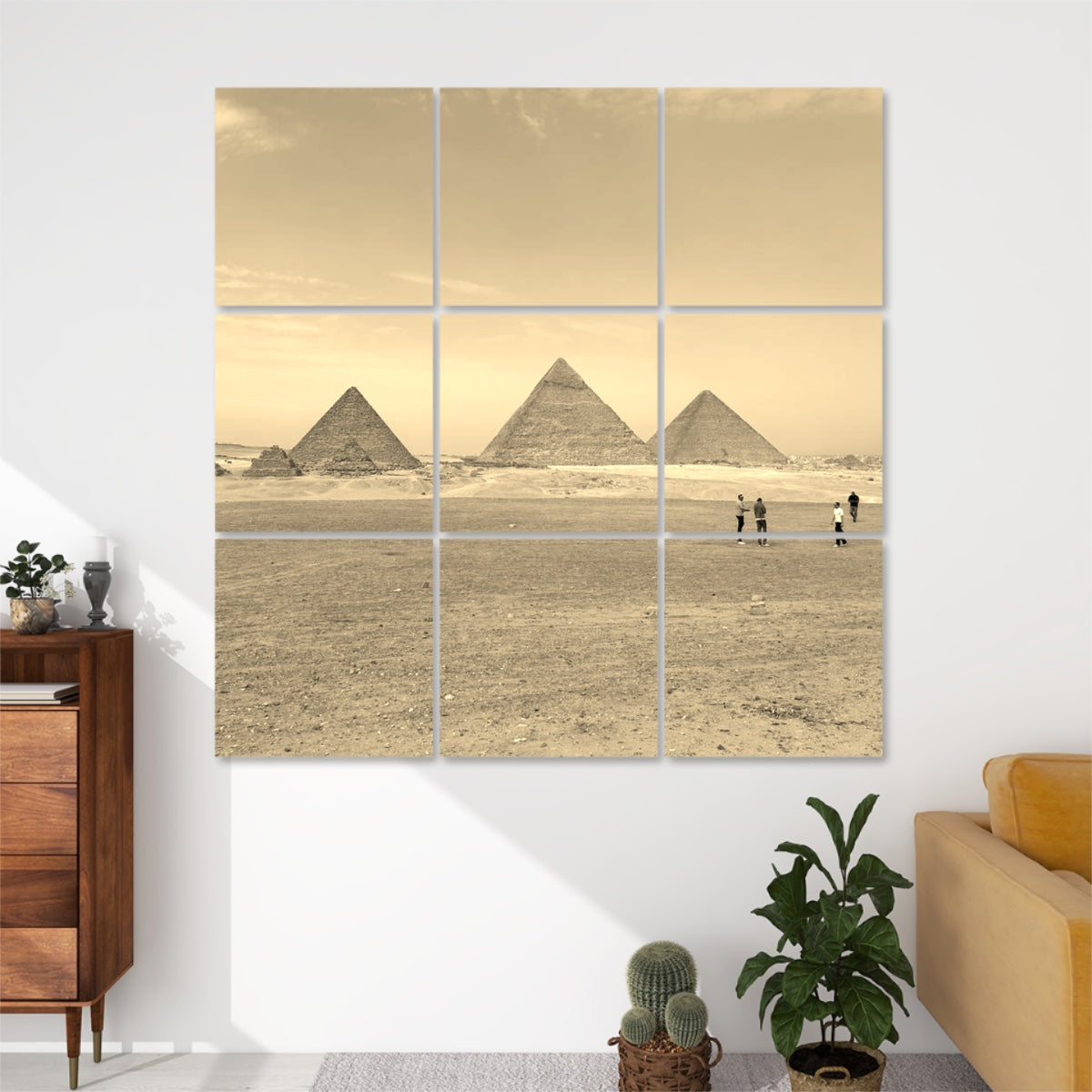 Sepia acoustic wall art featuring the pyramids and desert landscape of the Giza Plateau