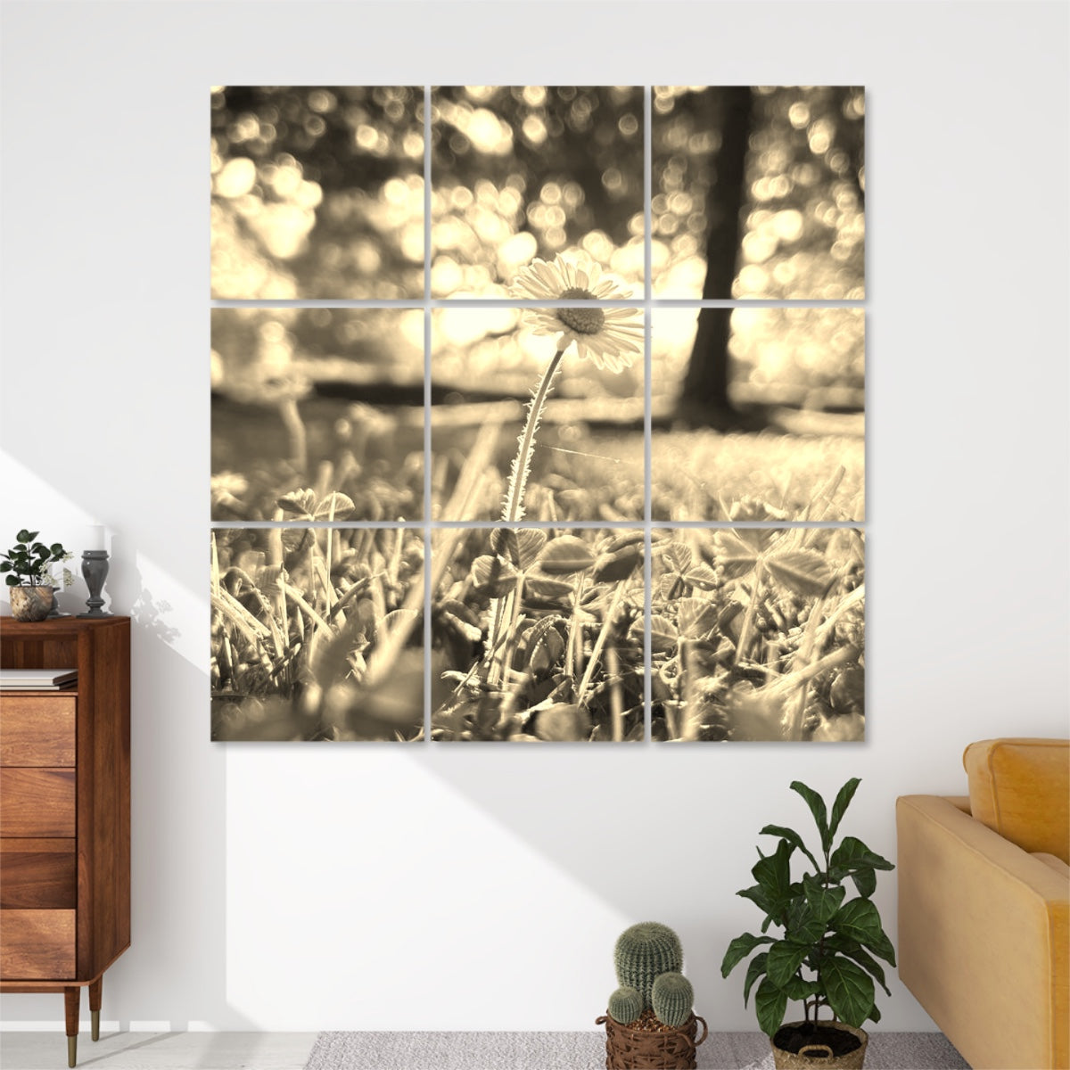 Sepia-toned version of daisy and sunlit field, with warm aged light and golden softness on 9 sound absorbing floral wall panels.