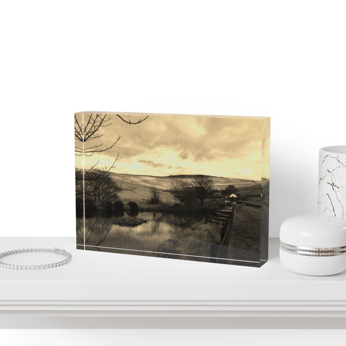 Sepia-toned acrylic photo block of a quiet countryside landscape with warm, vintage colors and peaceful rural detail.