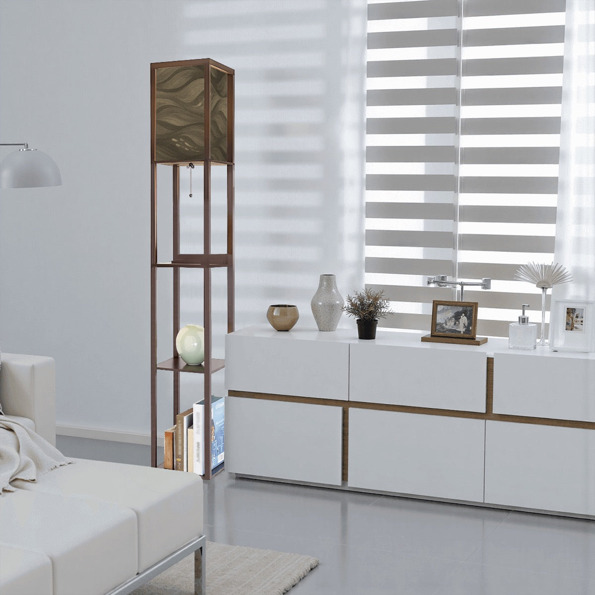 Walnut wood floor lamp with three open shelves for décor and books, crowned by a linen cube shade in warm sepia-toned wavy abstract pattern. A pull-chain switch and black cord extend from beneath the shade.