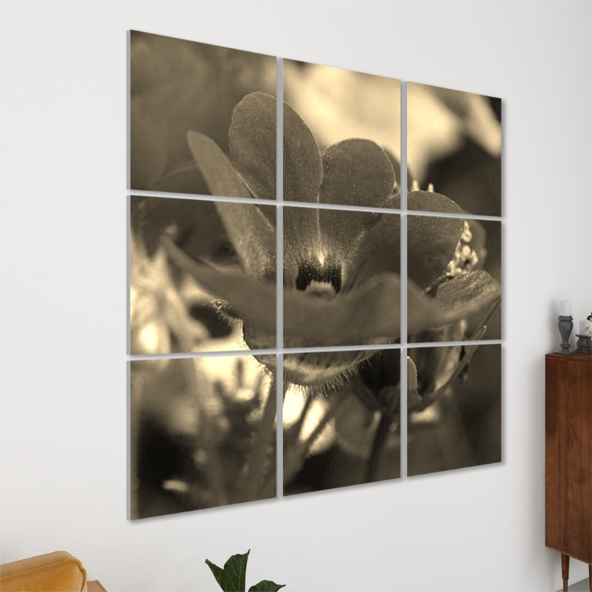 9 floral decorative sound absorbing wall panels featuring red flower, color: sepia