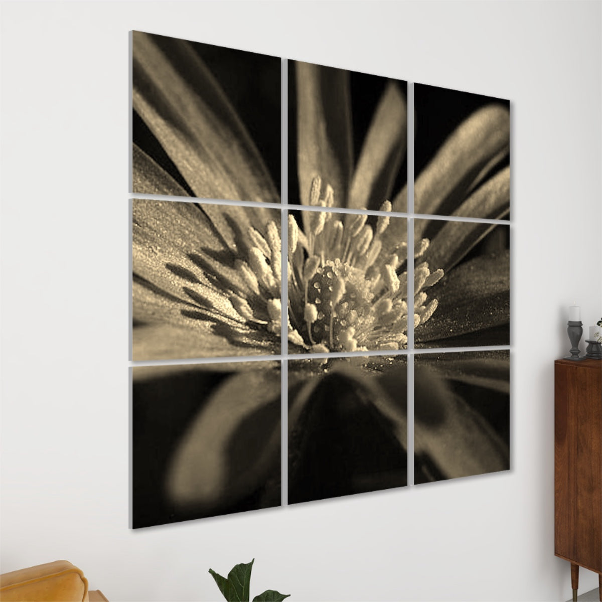 Warm sepia‑toned 9‑panel acoustic wall art of a purple anemone bloom, vintage style on polyester panels.