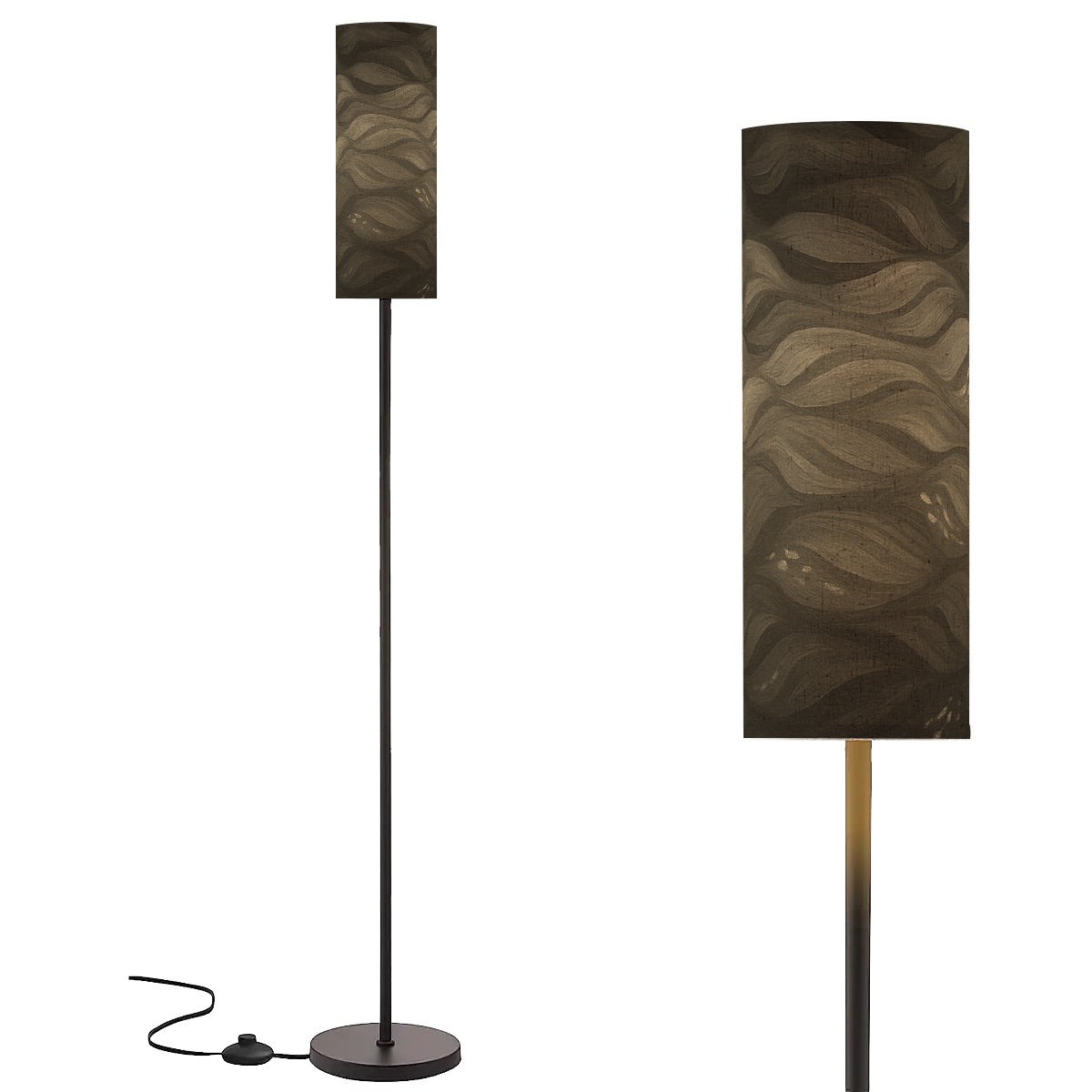 Sepia Gilded Amethyst Currents lamp: warm brown, antique-style currents on linen, supported by a sleek black metal base.