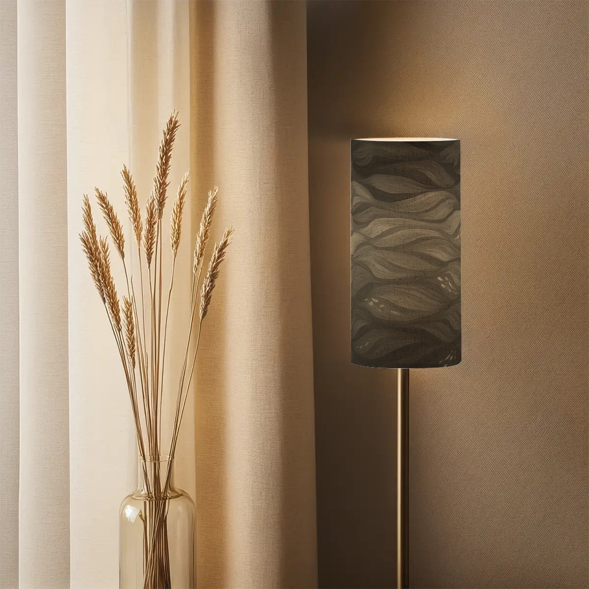 Tall cylindrical linen shade with purple and gold currents, mounted on a slender lamp base.