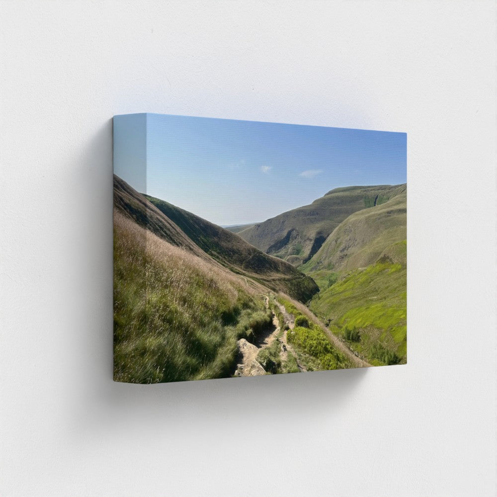 side view of recycled canvas printed with vegan inks featuring landscape from Peak District National Park, size: 12''x8''