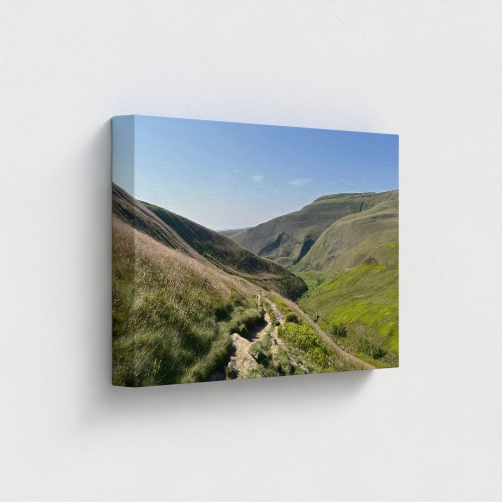 side view of recycled canvas print with vegan inks featuring landscape of Peak District National Park, size: 18''12''