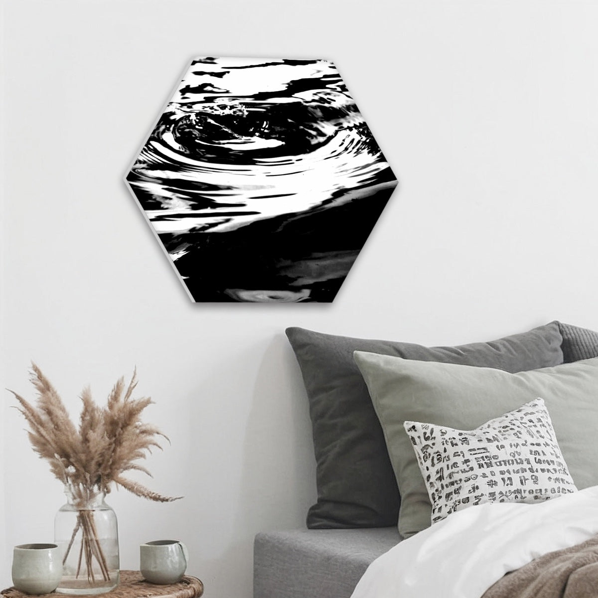 hexagonal decorative sound absorbing panel featuring waves on the water, color: black and white