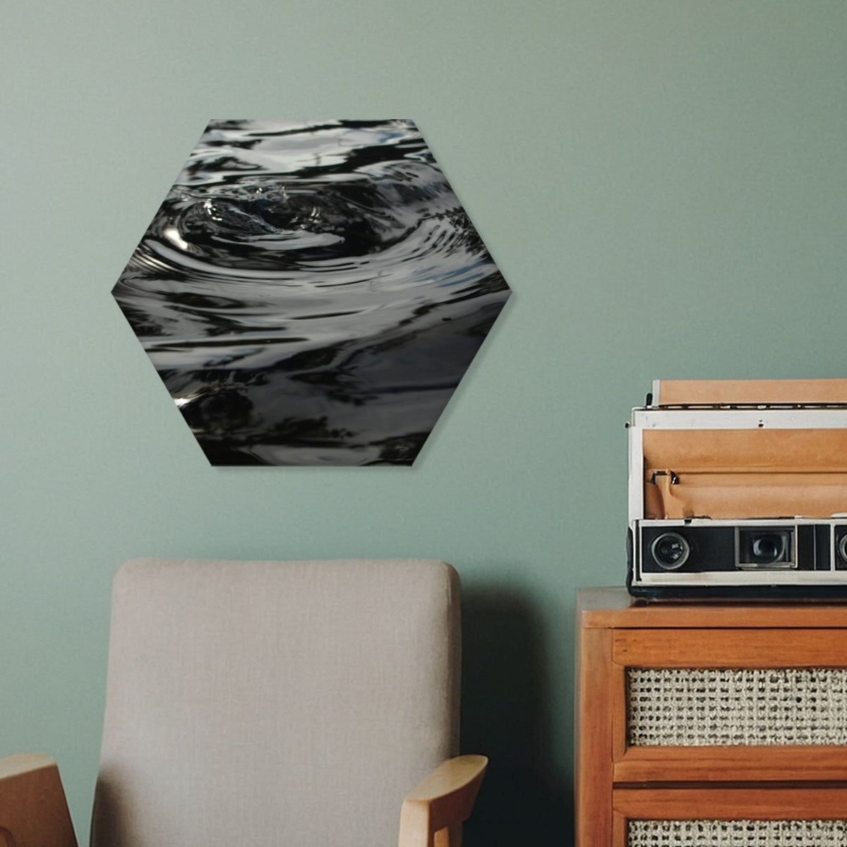 hexagonal decorative sound absorbing panel featuring waves on the water, color: original