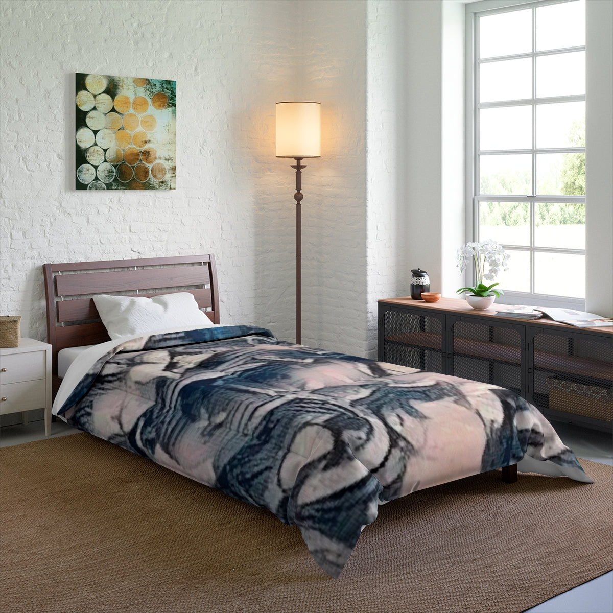 Comforter on a single bed with natural light and minimal furnishings, size 68'' x 92''
