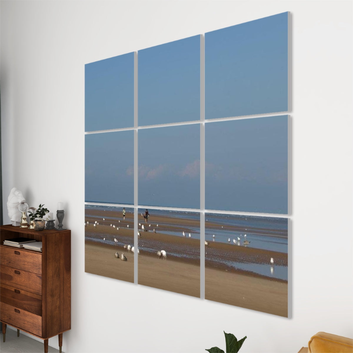 Right-side view of acoustic panels featuring Seaside Gulls design, showing sandy shoreline and distant structure under soft coastal light.
