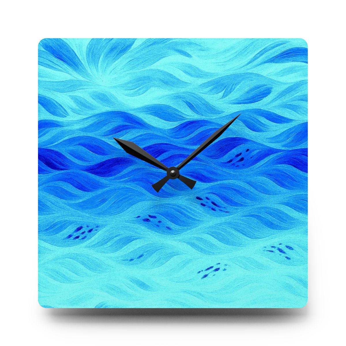 Square acrylic wall clock (10.75" × 10.75") with gentle blue wave textures and a cool-toned palette