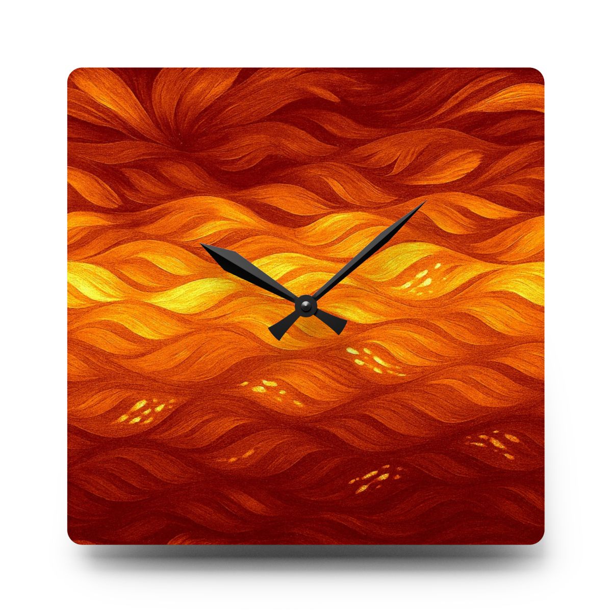 Square acrylic wall clock (10.75" × 10.75") with molten orange-red wave pattern and curved corners
