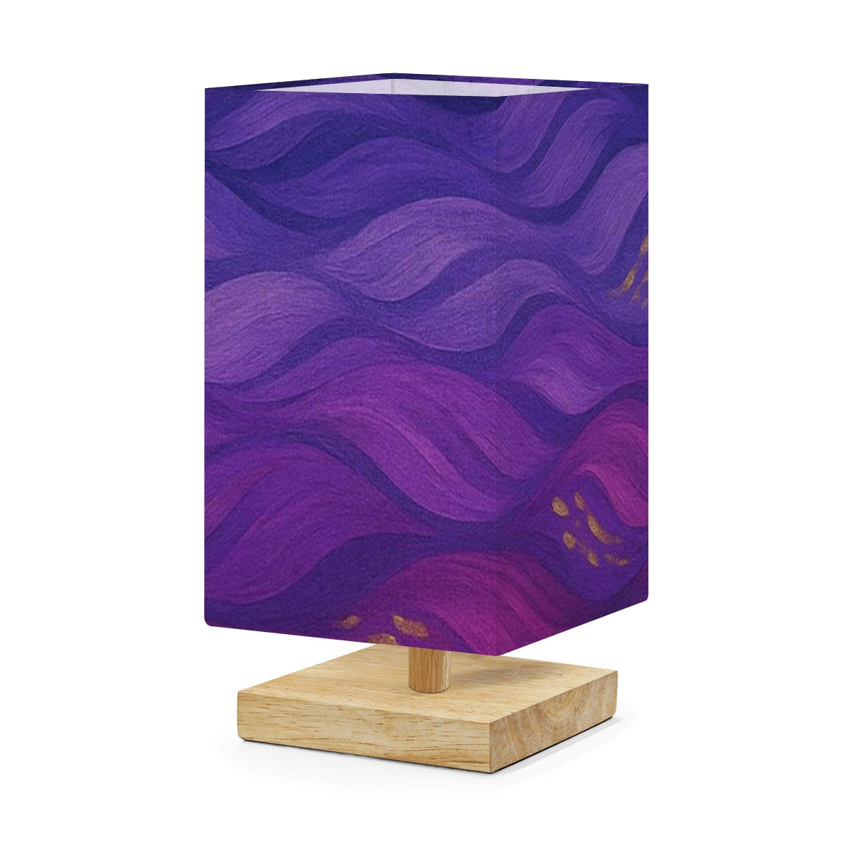 Square table lamp showing a linen shade of deep purple swirling waves with gold flecks on a rubber wood base.