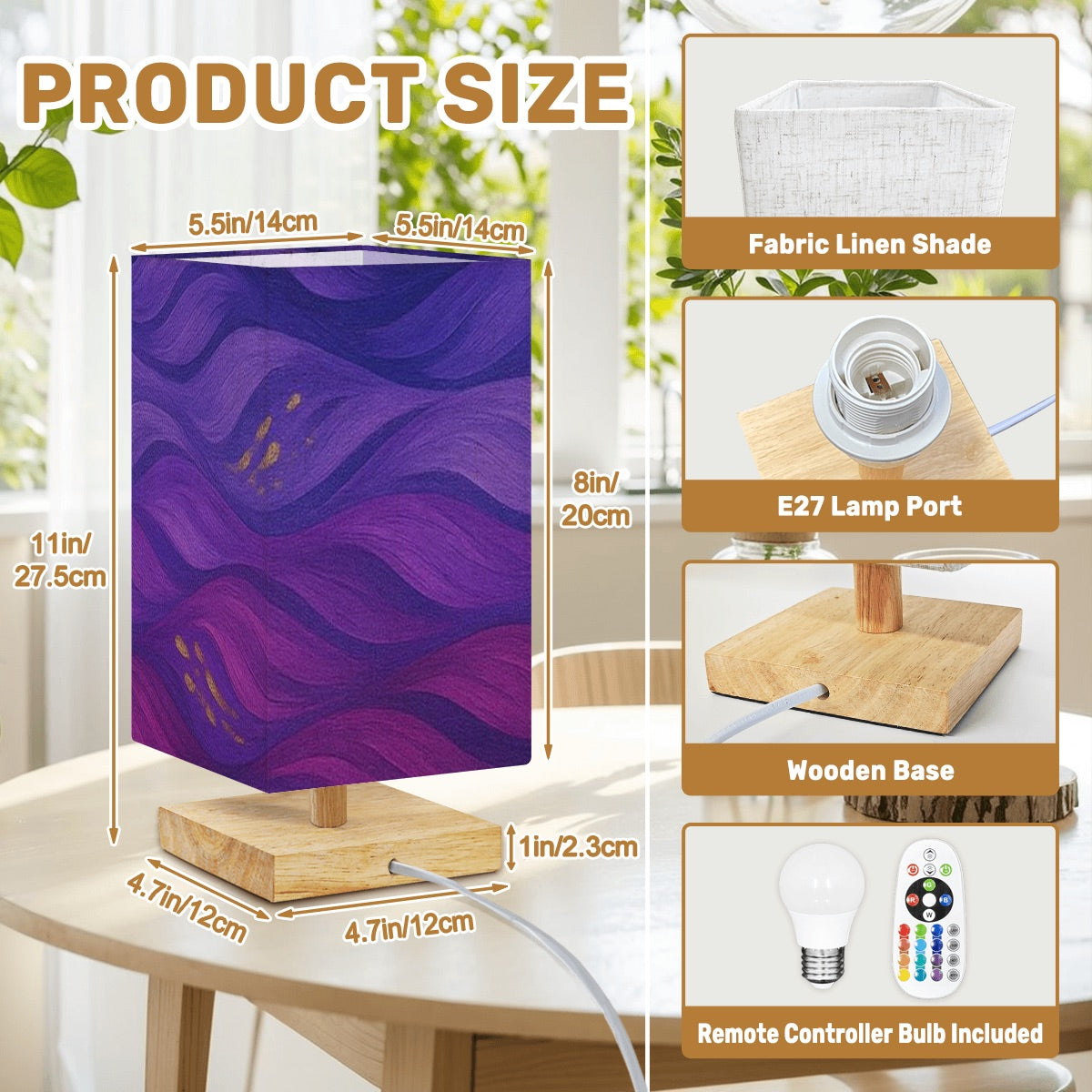 Square table lamp showing a linen shade of deep purple swirling waves with gold flecks on a rubber wood base - product specifications