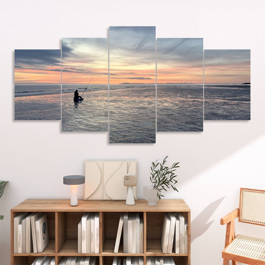 Ocean Sunset 10 Decorative Sound Absorbing Wall Panels showing a serene beach scene with a person fishing at sunset