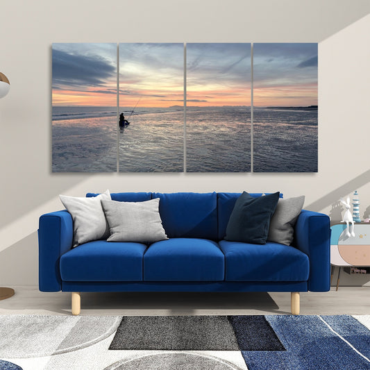 4 Decorative Sound Absorbing Panels Featuring Sunset Fishing above blue sofa in modern living room