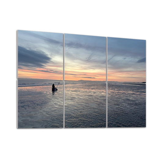 6 Decorative Sound Absorbing Wall Panels featuring Sunset Fishing On The Beach with a lone fisherman and calm waters