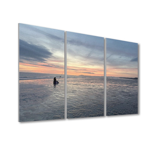 3 Decorative Sound Absorbing Wall Panels Featuring Beach Sunset with a person fishing at dusk