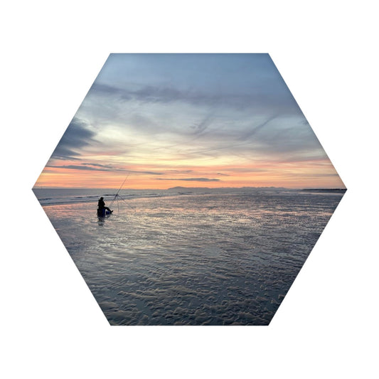 Single Hexagon Sound absorbing Wall Panel featuring Beach Sunset with fisherman in calm water under colorful sky