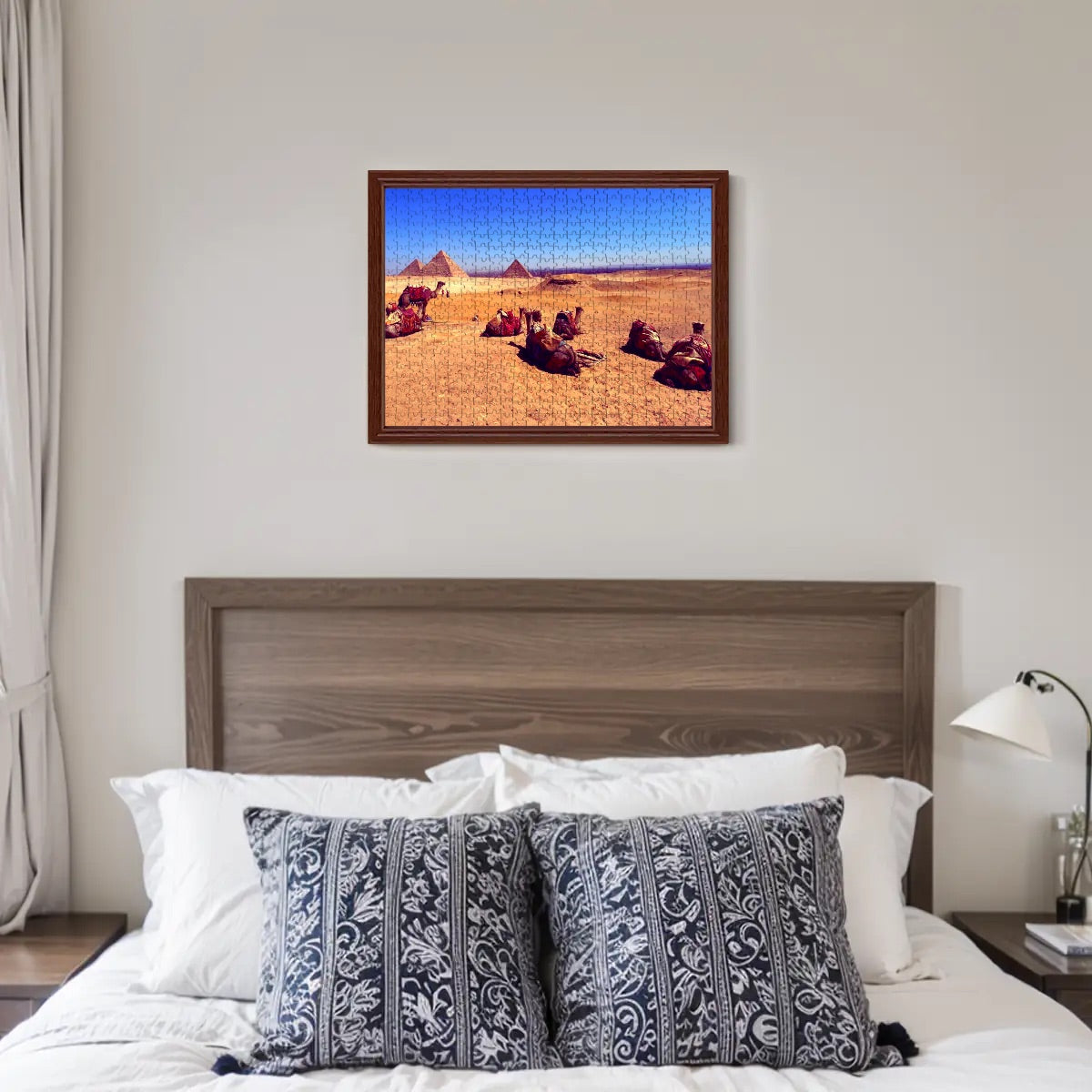Bold technicolor puzzle of camels and pyramids in the Egyptian desert, high contrast 500-piece basswood