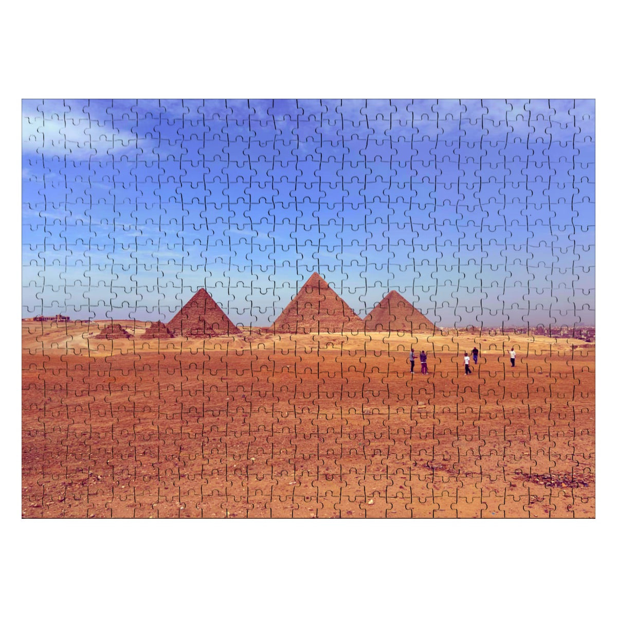 Bright technicolor variation of the Giza Plateau with bold sky and sand tones emphasizing the pyramids.