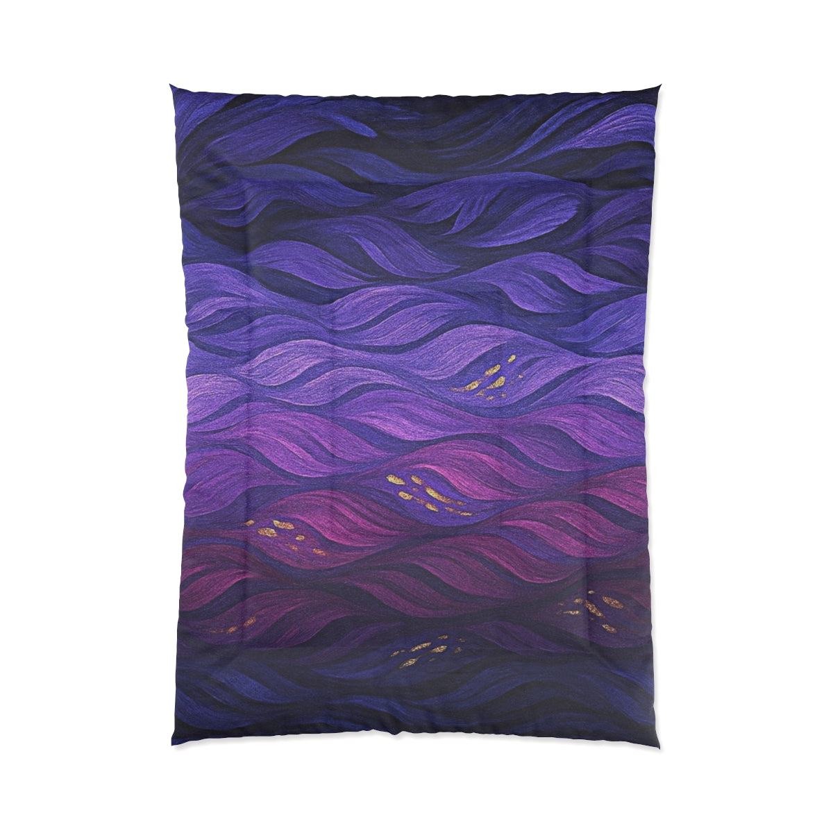 Elongated comforter in bold technicolor waves with multitone richness. Size: 68" × 92"